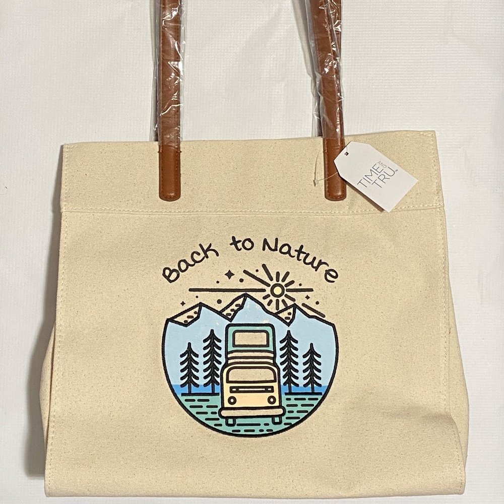 Canvas Tote Handbag "Back To Nature" Time & Tru 13"x14"x5" Beige 6 Pockets